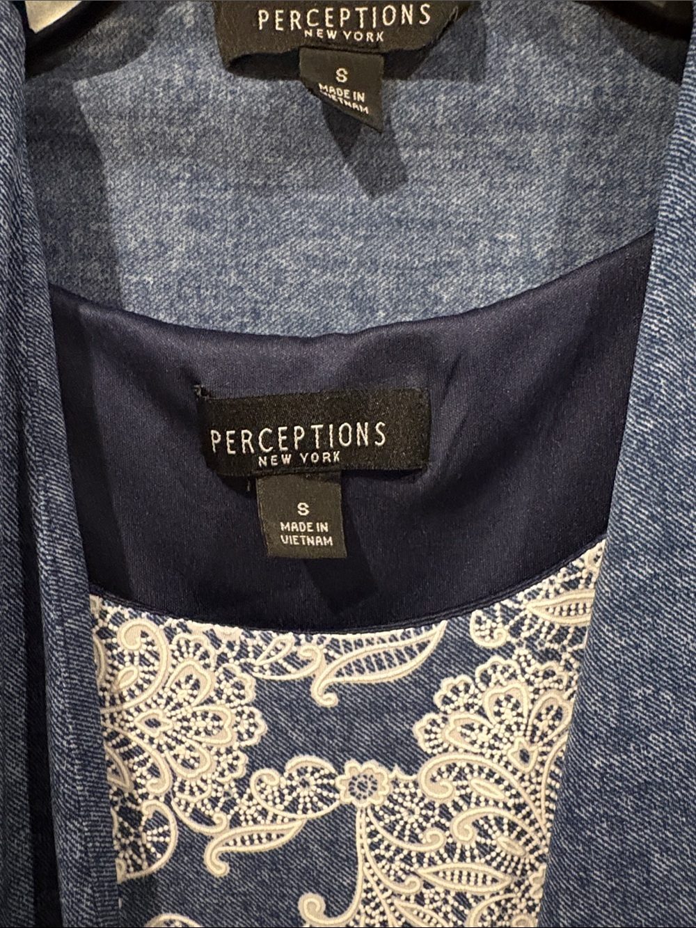 Perceptions Navy and White Floral Lace-Print Dress with Denim Look Bolero - Picture 2 of 5